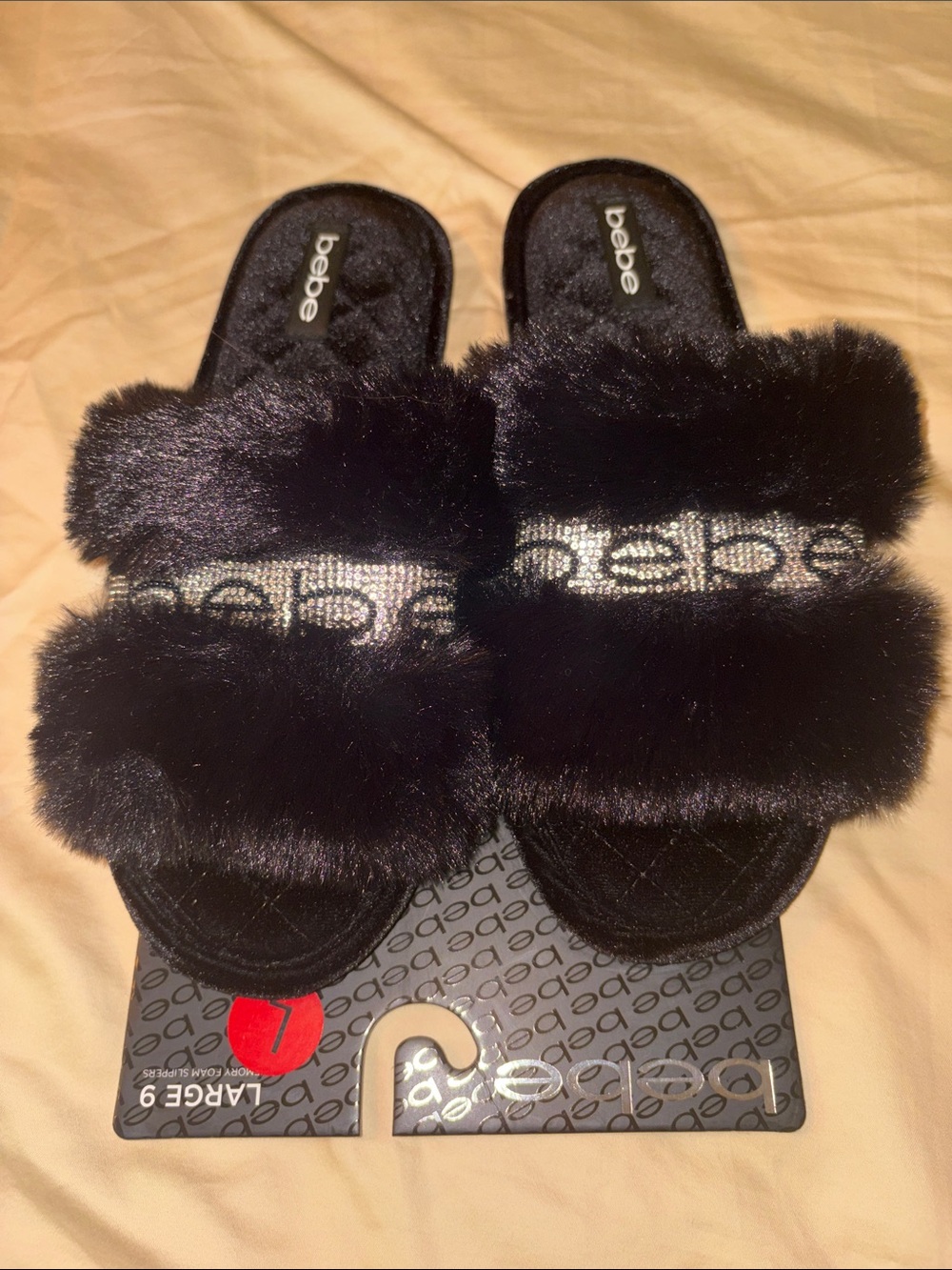bebe Black Faux Fur Slide Sandals with Crystal Logo Band